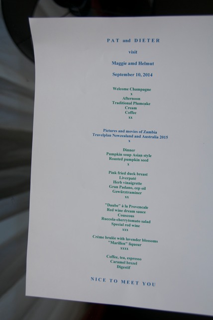 Menu for dinner at Helmut and Maggie's